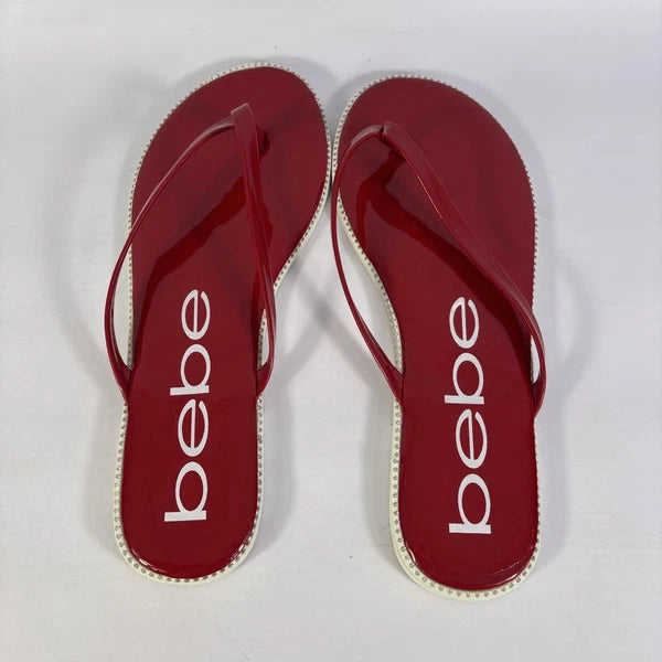Bebe Ileana Red Patento Womens Size 7.5m Dark Red Flat Slip On Flop Style Slides