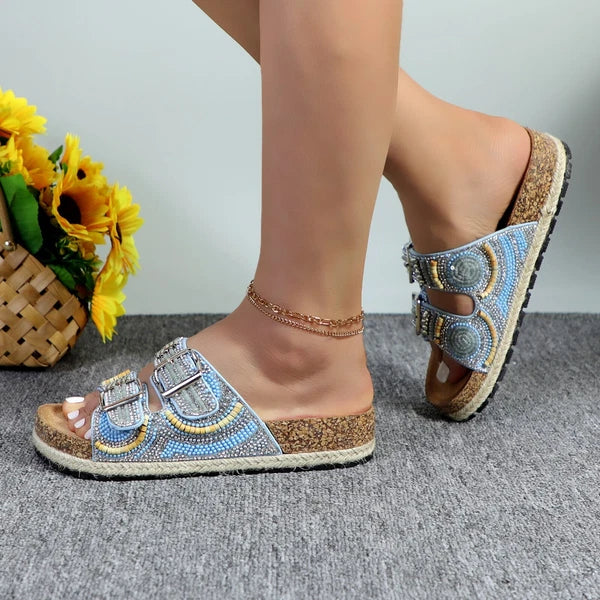 Glaze Women's Beaded Rhinestone Sandal Buckle Cork Footbed Slides Bohemian Style