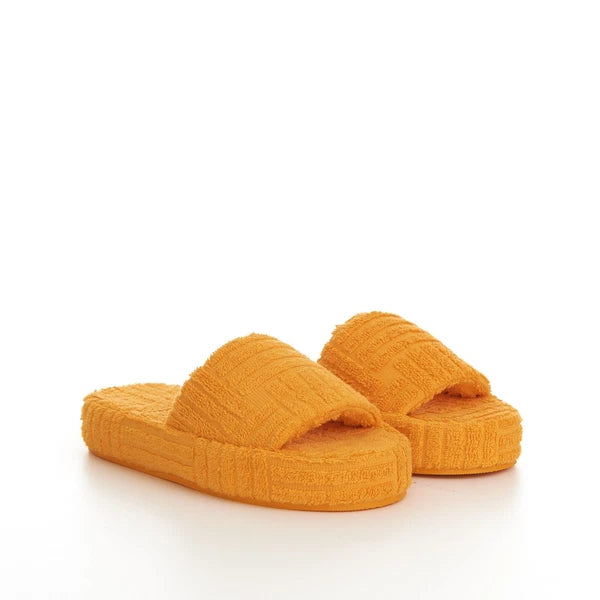 BOTTEGA VENETA 600$ Sponge Slide Sandals - Tangerine Orange Cotton & Rubber