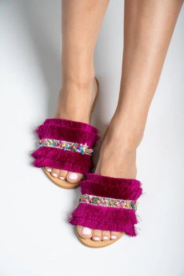 Ancient Greek style natural flat real leather fringe slide sandals handmade