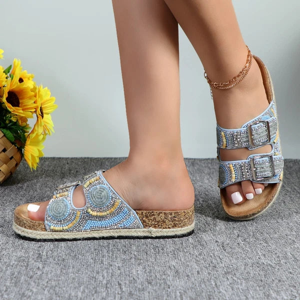 Glaze Women's Beaded Rhinestone Sandal Buckle Cork Footbed Slides Bohemian Style