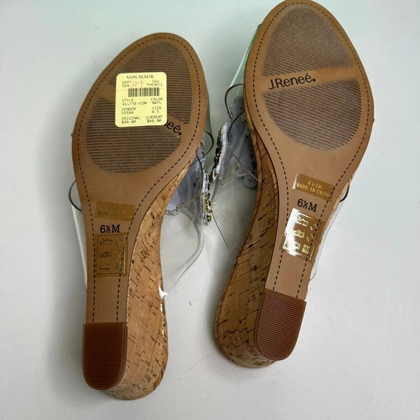 J. Renee Jeweled Cork Wedge Sandals Clear Straps Size 6.5M Party Evening