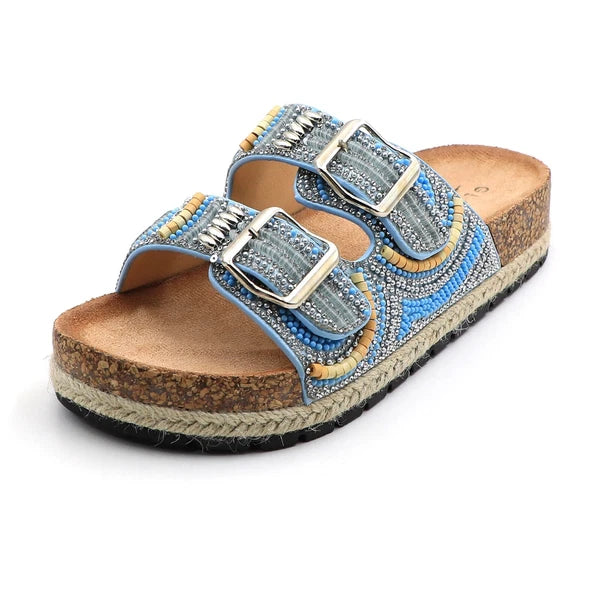 Glaze Women's Beaded Rhinestone Sandal Buckle Cork Footbed Slides Bohemian Style