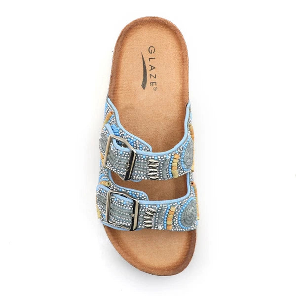 Glaze Women's Beaded Rhinestone Sandal Buckle Cork Footbed Slides Bohemian Style