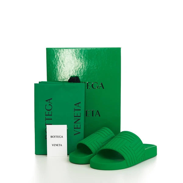 BOTTEGA VENETA 520$ Slide Sandals - Parakeet Green, Geometric Rubber