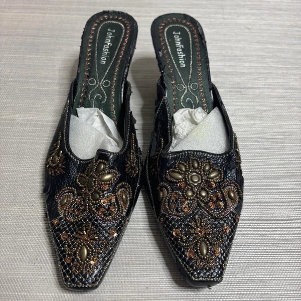 John Fashion Black Boho Beaded Sequin Slide Slip on Dress Shoes Size 9 NEW