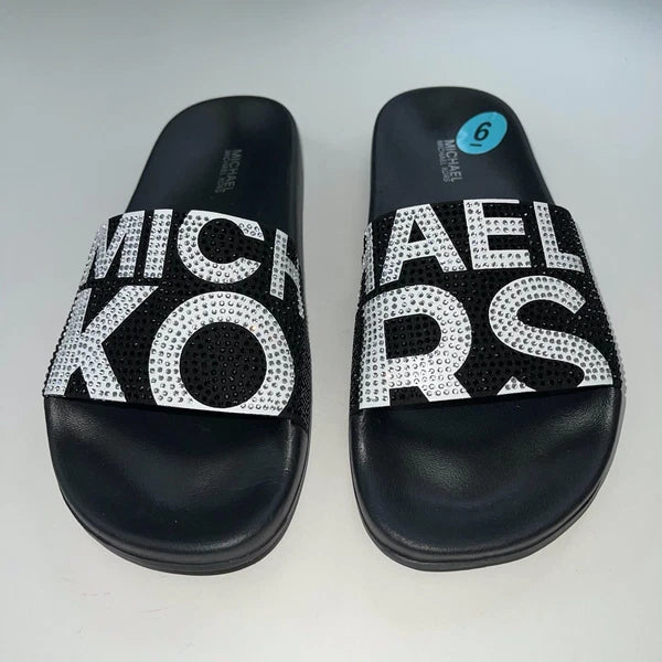 Michael Kors Slides Womens Rhinestones Rainbow Black Bling Sparkly Pride Gilmore