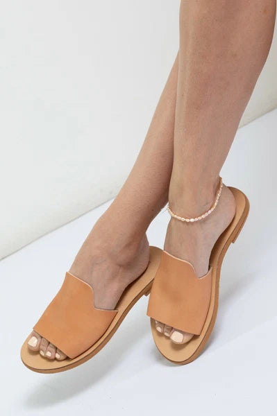 Ancient Greek style natural beige flat real leather slide sandals handmade