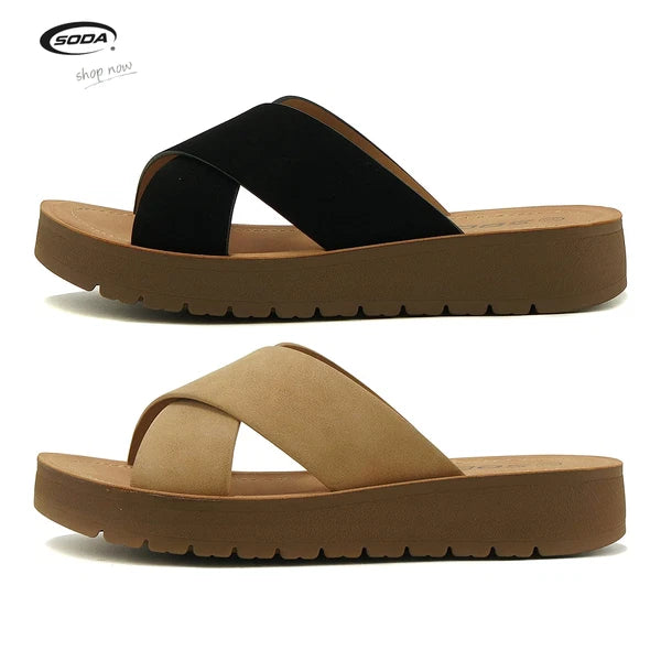 Women Open Toe Flatform Platform Crisscross Band Upper Fashion Slide SODA LUCY