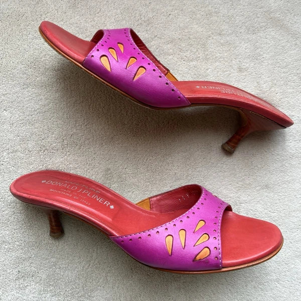 Donald J Pliner Fuschia Pink Orange Leather Kitten Heeled Sandals Women 6.5 Pop