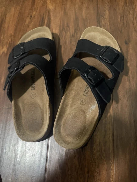 Cushionaire Size 7 Strap Sandals Flip Flops, Black Buckle Style Sandals