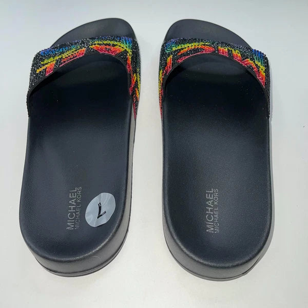 Michael Kors Slides Womens Rhinestones Rainbow Black Bling Sparkly Pride Gilmore