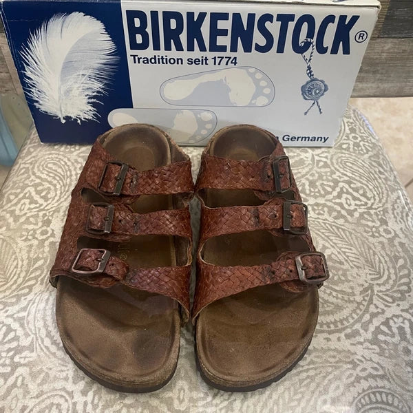 Birkenstock Sandals Woven Leather Three Strap Buckle Arizona Style Size 37