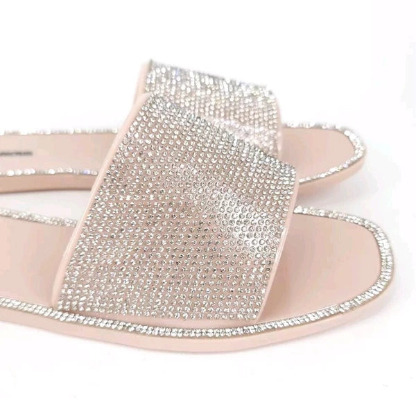 Fashion Nova Sandals Womens 10 w/ Box Flats Silver Rhinestones Slides Slip On