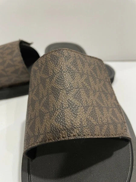 Michael Kors Wade Slide MK Signature Logo Sandals Adjust Closure Brown SZ 11 New