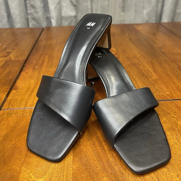 H&M Black Square Toe Slide Sandals Block Heel Size 38 (US 7.5) Minimalist Style
