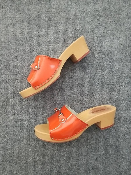 Made in Italy Women Clogs Size US 6M Orange Open Toe Wooden Look Silver Buckle*