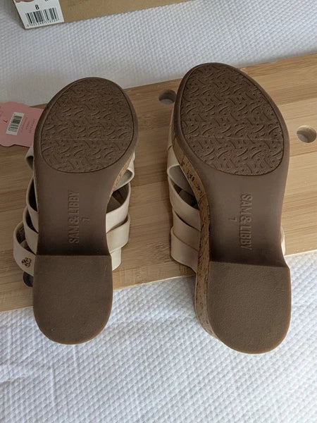 Sam & Libby Womens Cayla Ivory Faux Leather Cork Wedge Slide Size 7 Sandals