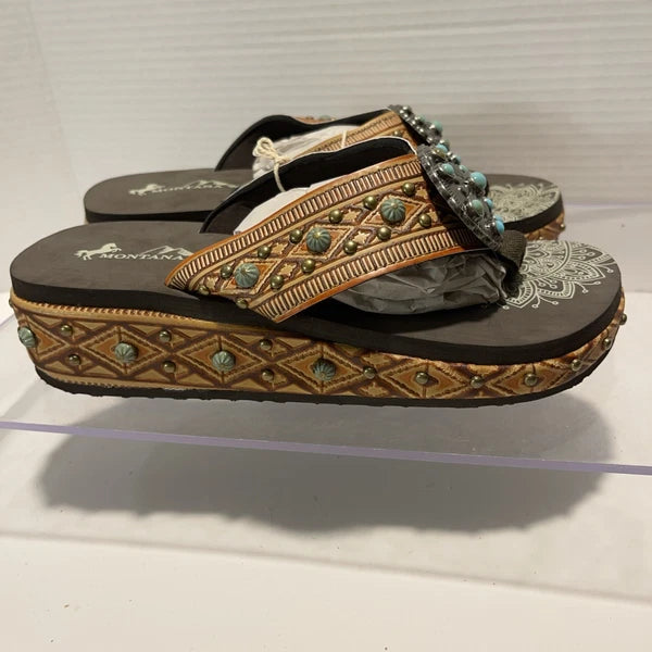 Montana West Tan/Brown Embossed Studs Western Style Wedge Sandals Sz8-8.5