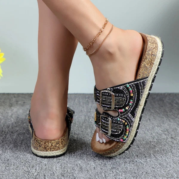 Glaze Women's Beaded Rhinestone Sandal Buckle Cork Footbed Slides Bohemian Style