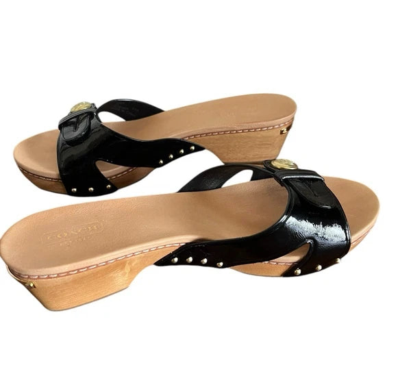 Auth COACH LEE BLK CRINKLE PATENT WOOD SLIDES CLOG SANDAL  SLIP ON  ~ Size 8.5B