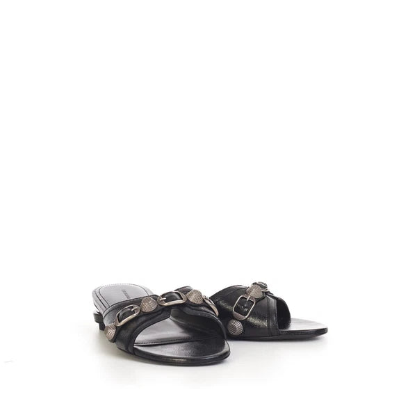 BALENCIAGA 750$ Cagole Slide Sandals - Arena, Studs, Black Leather