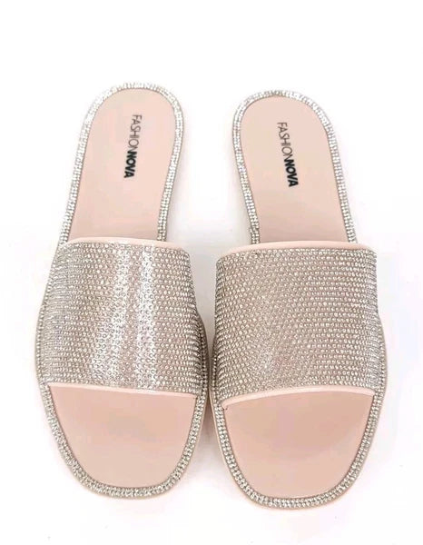 Fashion Nova Sandals Womens 10 w/ Box Flats Silver Rhinestones Slides Slip On