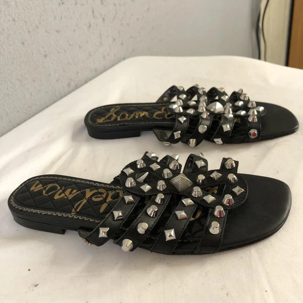 Sam Edelman Shoes Womens Size 7.5 Black Studded Leather Slides Sandals BEATRIS