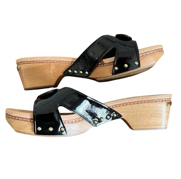 Auth COACH LEE BLK CRINKLE PATENT WOOD SLIDES CLOG SANDAL  SLIP ON  ~ Size 8.5B