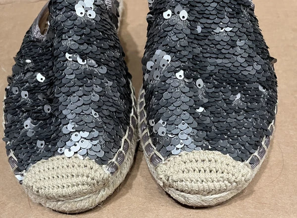 Sam Edelman Kerry Slip On Espadrille Slide Mule Flats Pewter Sequins. NWOB