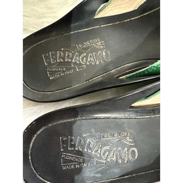 Salvatore Ferragamo Women's Sandals Thong Slide Leather Green Patent Size 8