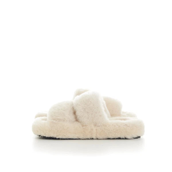 CELINE 870$ Triomphe Open Shearling Fur Slide Sandals - Signature Leather Patch
