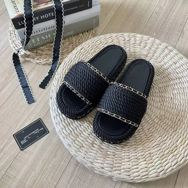 Fashion Women Weave Rope Chain Flat Slides Sandals Flip Flops Slippers Shoes