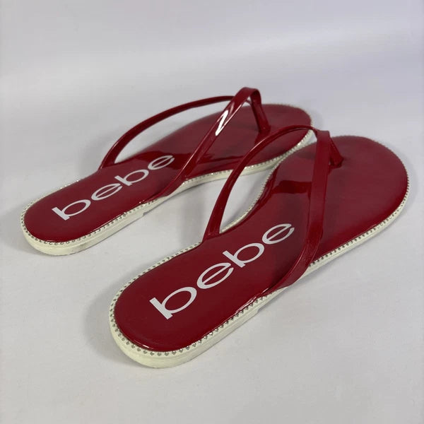 Bebe Ileana Red Patento Womens Size 7.5m Dark Red Flat Slip On Flop Style Slides