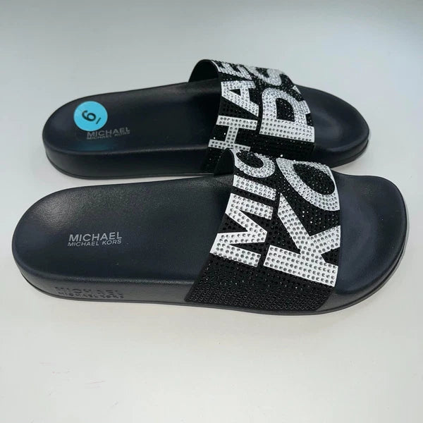 Michael Kors Slides Womens Rhinestones Rainbow Black Bling Sparkly Pride Gilmore