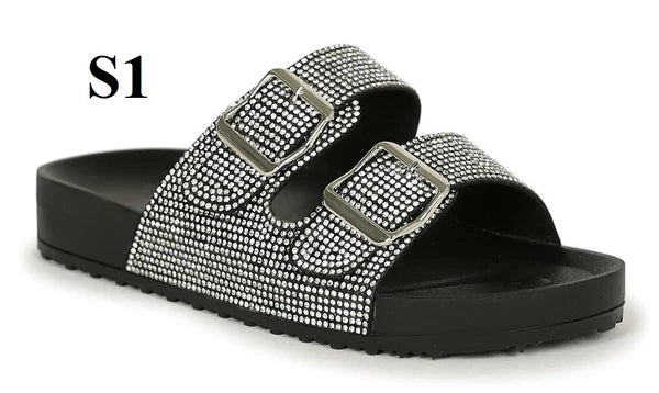 KARAUSA Fashion Bling Rhinestone  2 Buckles Sandal Slides, go to'KARAUSA' store