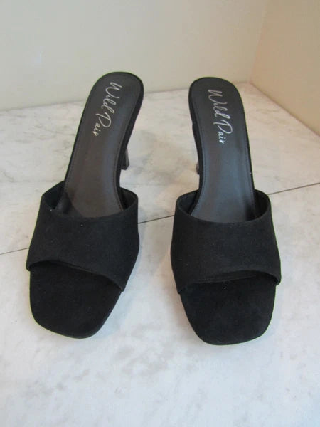 NIB Wild Pair Black Micro Suede Wide Strap 4" Heels Slides Shoes Women's 11 M