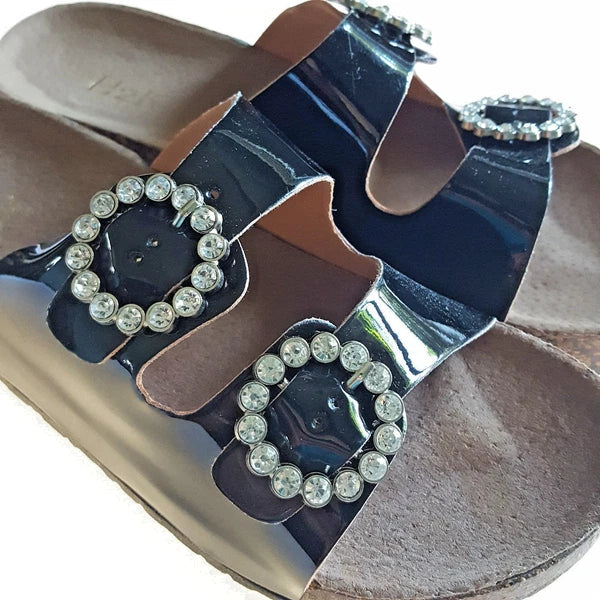 H2K KAREN STONE Buckle Ornament Black Fashion Slides Flip Flops Sandals Bling
