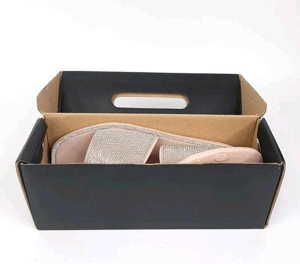 Fashion Nova Sandals Womens 10 w/ Box Flats Silver Rhinestones Slides Slip On