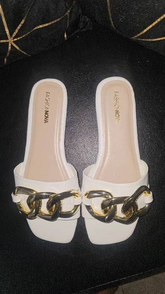 Fashion Nova White Slide Sandals with Gold Chain Detail