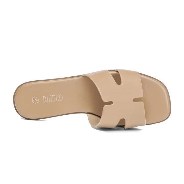 Women's Comfortable Leather Slide Sandals, Dressy Flat Slip-On, Tan