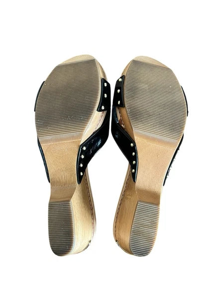 Auth COACH LEE BLK CRINKLE PATENT WOOD SLIDES CLOG SANDAL  SLIP ON  ~ Size 8.5B