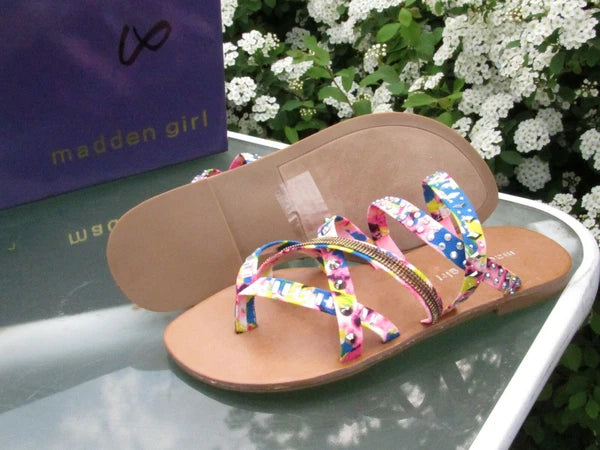MADDEN GIRL Womens size 7 Floral Canvas Jeweled Slides/Slingback Fashion Sandals