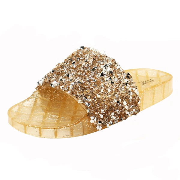 H2K CANDY Rose Gold Color Glitter Beads Fashion Slides Flip Flops Sandals Bling