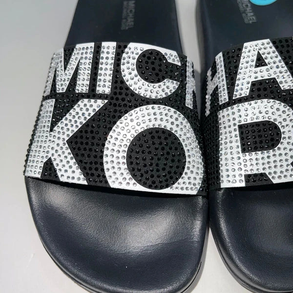 Michael Kors Slides Womens Rhinestones Rainbow Black Bling Sparkly Pride Gilmore