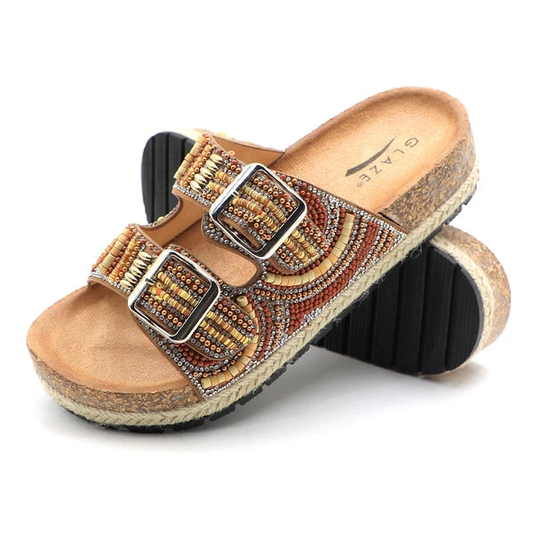 Glaze Women's Beaded Rhinestone Sandal Buckle Cork Footbed Slides Bohemian Style