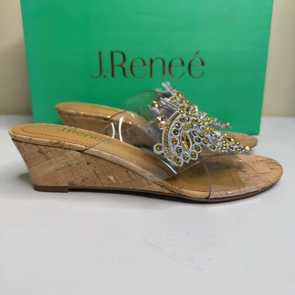 J. Renee Jeweled Cork Wedge Sandals Clear Straps Size 6.5M Party Evening