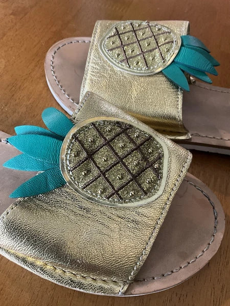 Kate Spade Womens Gold Metallic Leather Glitter Pineapple Sandals Slides Size 6