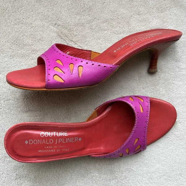 Donald J Pliner Fuschia Pink Orange Leather Kitten Heeled Sandals Women 6.5 Pop