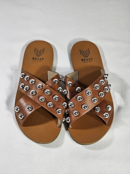 Beast Fashion Brown Studded Cross Strap Slide Sandals Women's Size US 7